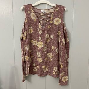 love, Fire - Floral Print Open Shoulder V Neck Long Sleeve Shirt